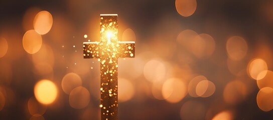gold crucifix cross with bokeh glitter glow light shine festive glory theme, Generative Ai - obrazy, fototapety, plakaty