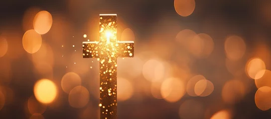 Foto op Plexiglas gold crucifix cross with bokeh glitter glow light shine festive glory theme, Generative Ai © QuietWord