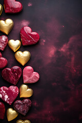 Hearts in shades of pink and marble with golden accents on a dark, romantic background, ideal for Valentine's Day, love-themed events, or elegant product displays with touch of luxury.