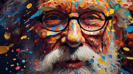 Digital illustration in the style of Chuck Close, An extreme close-up of colorful particles forming an abstract mosaic, revealing incredible detail