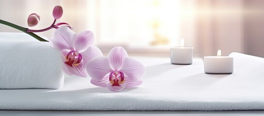 Fototapeta na wymiar orchid branch with white spa towel and candle light, beauty treatment concept background, Generative Ai