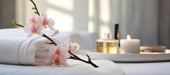 orchid branch with white spa towel and extract oil, candle light, beauty treatment concept background, Generative Ai