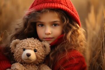 A thoughtful young girl in a red jacket embraces a teddy bear, set against an autumnal field.