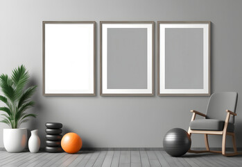 picture wooden frame mockup in modern Exercise room. gray tone
