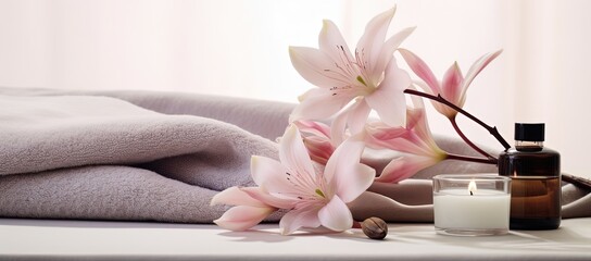 Obraz na płótnie Canvas close up pink magnolia flower with pink spa towel, beauty treatment concept background, Generative Ai