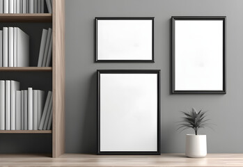 picture wooden frame mockup in modern library. gray tone