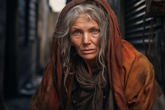 Portrait of senior homeless silver hair beggar female facing the camera in Europe