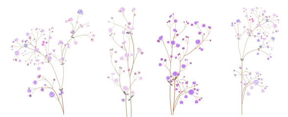 Twig of gypsophile paniculata. Pink, white, blue tiny flowers, buds, green leaves. Delicate ramules for bouquets. Panoramic view, botanical illustration in watercolor style, horizontal pattern, vector - obrazy, fototapety, plakaty