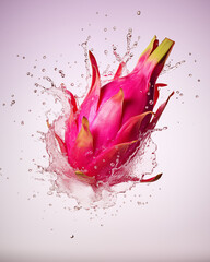 Water splash with pink dragonfruit on light background. Waterdrops, mid motion. Healthy vegetarian lifestyle, vitamin organic food concept, exotic fruits - obrazy, fototapety, plakaty