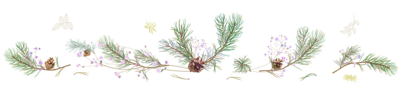Horizontal panoramic border with pine branches, cones, needles, blue small flowers on white background. Realistic digital Christmas tree in watercolor style. Botanical illustration for design, vector