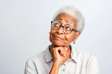 Senior old african american woman with grey hair, studio photo, isolated on white background. Smiling, thinking, happy, wearing glasses, earrings.
