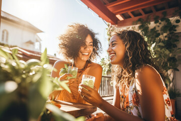 Mixed race women dancing on terrace, drinking cocktails on sunny day. Enjoying music and warm weather. Celebrating friendship. Curly hair. - obrazy, fototapety, plakaty