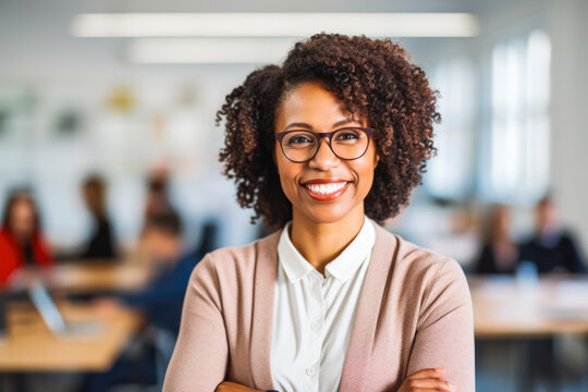 Young beautiful afro american school teacher with glasses standing in the classroom. Students sitting and walking in the break, taking a break from learning.