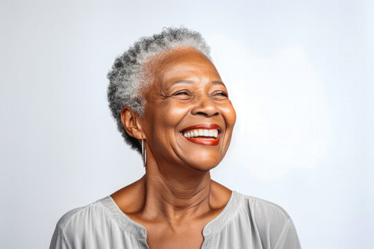 Senior Old African American Woman With Grey Hair, Studio Photo, Isolated On White Background. Smiling, Thinking, Happy, Wearing Glasses, Earrings.