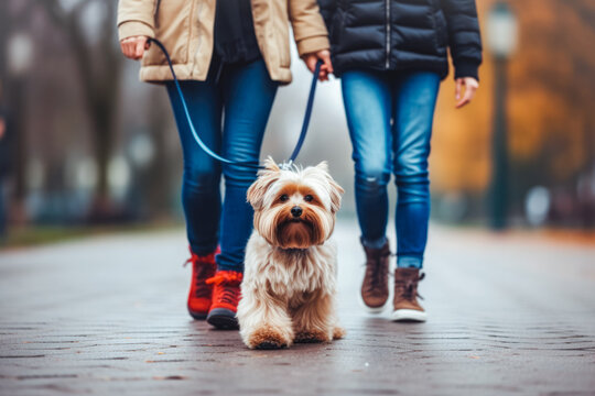 Couple Walking On Street With A Dog, Close Up Photo. Wearing Jeans, Casual Outfit On Sunny Autumn Day. Fluffy Small Dog On A Leash. City Urban Life.