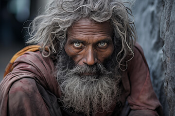 Portrait of senior homeless bearded beggar male facing the camera in India - obrazy, fototapety, plakaty