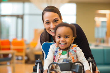Afro american nurse, doctor and disabled child, smiling. Rehabilitation center for paraplegics, injured, muscle disorders. Helping, physiotherapy. - obrazy, fototapety, plakaty