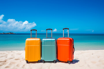 Suitcases on sandy shores of a perfect beach. Traveling to tropic islands. The sunny day, flawless azure sky, crystal clear waters of the sea.
