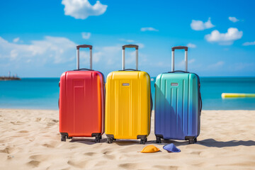 Suitcases on sandy shores of a perfect beach. Traveling to tropic islands. The sunny day, flawless azure sky, crystal clear waters of the sea.