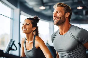 Papier Peint photo Lavable Fitness Caucasian woman and man working out in fitness, muscular, in shape. Jogging. Sweaty after workout in gym. Personal trainers, achievements and goals.