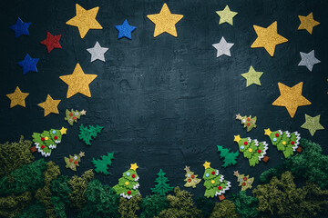 Christmas Eve in a forest with trees and shining stars in sky background with copy space for text,...