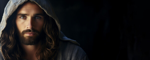 Jesus Christ. Wearing Hoodie. Modern Style. 5:2 Banner. 