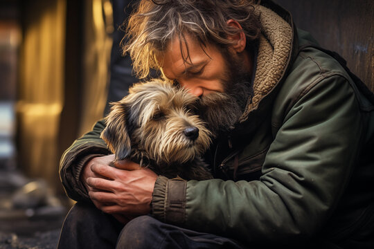 A sad homeless man hugs his stray companion dog while sitting on the street