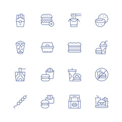 Fast food line icon set on transparent background with editable stroke. Containing french fries, noodle, shawarma, noodles, satay, no junk food, food box, fast food, sandwich, package, truffle.