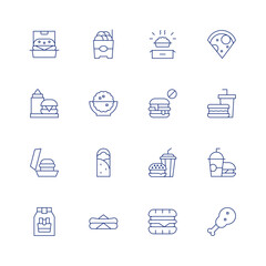 Fast food line icon set on transparent background with editable stroke. Containing hamburger, burger, french fries, fritter, pop corn, shawarma, hot dog, food box, no fast food, fast food, pizza.