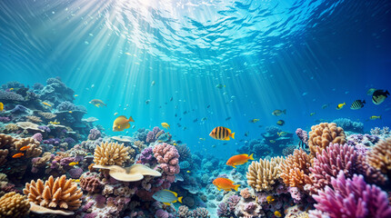 Underwater coral reef and exotic sea life, beautiful vibrant colors, tropical colorful sea and fish, diving and biodiversity concept, hd