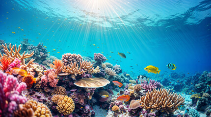 Underwater coral reef and exotic sea life, beautiful vibrant colors, tropical colorful sea and fish, diving and biodiversity concept, hd - obrazy, fototapety, plakaty