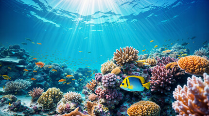 Naklejka na ściany i meble Underwater coral reef and exotic sea life, beautiful vibrant colors, tropical colorful sea and fish, diving and biodiversity concept, hd
