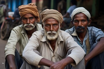 Poor and jobless men waiting on the street in India for a job offer - obrazy, fototapety, plakaty