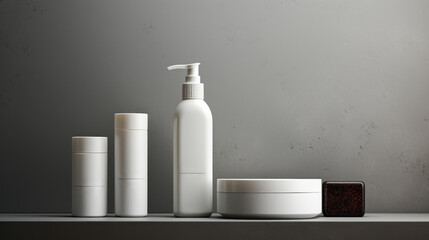 Hair care set: cosmetic skincare products. Shampoo, oil, butter, and conditioner. Realistic cosmetics product bottles, tubes, and plastic containers. Product placement mock-ups