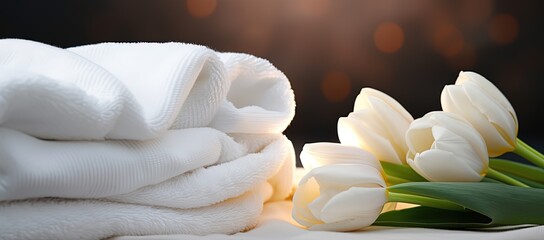 Fototapeta na wymiar white tulip flowers with spa towel, beauty treatment concept background, romantic atmosphere with candle light, Generative Ai