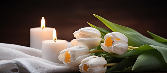 white tulip flowers with spa towel, beauty treatment concept background, romantic atmosphere with candle light, Generative Ai