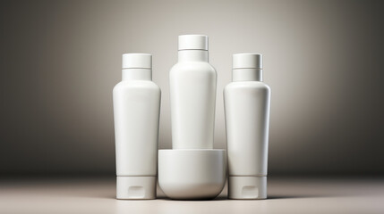 Hair care set: cosmetic skincare products. Shampoo, oil, butter, and conditioner. Realistic cosmetics product bottles, tubes, and plastic containers. Product placement mock-ups