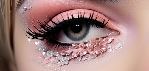 close up woman eyes wearing make up pink glitter glow  fantasy carnival style, Generative Ai - Powered by Adobe