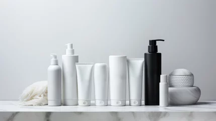 Fotobehang Hair care set: cosmetic skincare products. Shampoo, oil, butter, and conditioner. Realistic cosmetics product bottles, tubes, and plastic containers. Product placement mock-ups © ND STOCK
