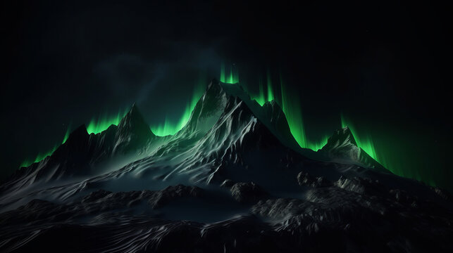 Northern Lights mountains. Ethereal beauty of the Aurora Borealis. Night mountains, fjords and lakes