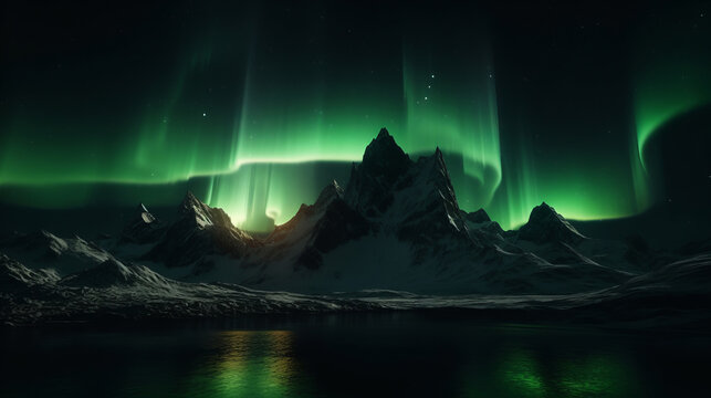 Northern Lights Background. Ethereal beauty of the Aurora Borealis. Night mountains, fjords and lakes