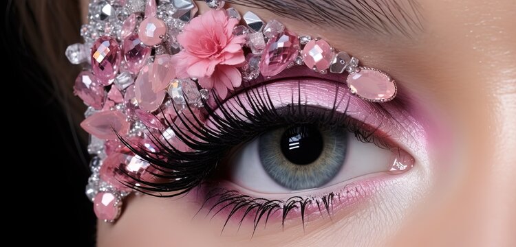 close up woman eyes wearing make up pink glitter glow  fantasy carnival style, Generative Ai