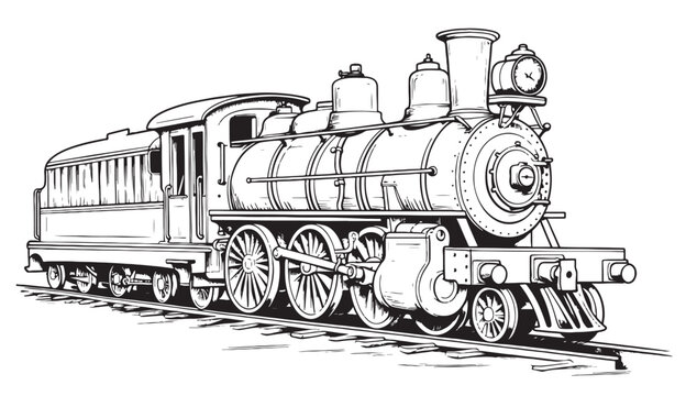Vintage steam train locomotive, engraving style vector illustration Cartoon