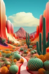 Abwaschbare Fototapete a colorful desert landscape with cactuses and mountains © Mariana