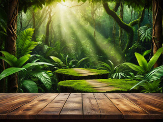 Empty Wooden Table in Jungle Product Display Tropical Forest Background Mockup into the wild Mysterious Jungle Background with Copy Space Exotic Rainforest Rising Sun Ray Deep Jungle Background