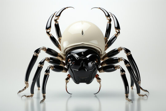 Artwork of a spider made of liquid metal and white background. Generative AI.