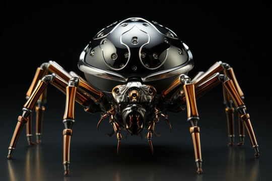 Artwork of a black spider made in liquid metal and black background. Generative AI.