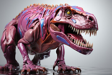 Naklejka premium Artwork of a dinosaur made of liquid metal and white background. Generative AI.