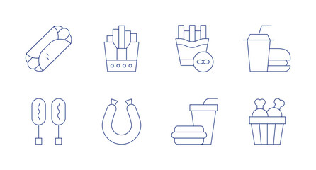 Fast food icons. Editable stroke. Containing kebab, corndog, french fries, sausage, fast food, chicken bucket.
