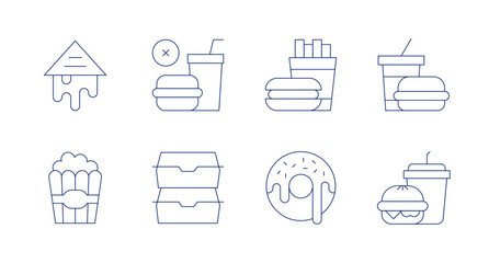 Fast food icons. Editable stroke. Containing sandwich, popcorn, no junk food, food package, fast food, donut.